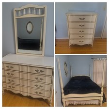 French Provincial Style Bedroom Set - Carved Pine Queen Bed, Nightstand, Armoire & Mirror — listing 5