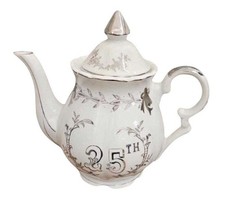 25th Anniversary Commemorative Ceramic Teapot with Gray Floral Toile and Silver Trim — listing 6