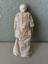 Vintage Porcelain Head Doll Ornament in Red Dress with Lace Bonnet and Apron