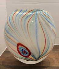 Mid-Century Modern Tall Blue Swirl Murano-Style Glass Table Lamp with Wood Base