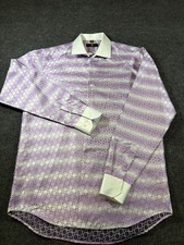 Men's Long-Sleeve Button-Up Dress Shirt with Pink Pinstripe & Purple Dot Pattern, Navy Contrast Collar/Cuffs, Size Medium