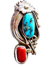 Native American Sterling Silver Turquoise Inlay Pendant Necklace & Earrings Set by HJ Chavez