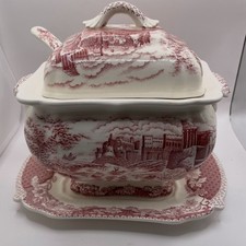 Red/Pink Transferware Covered Vegetable Tureen with Castle Ruins Scene — listing 5