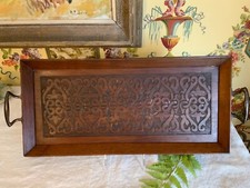 Antique Carved Walnut Tilt-Top Tray Table with Glass Top and Bronze Handles — listing 5