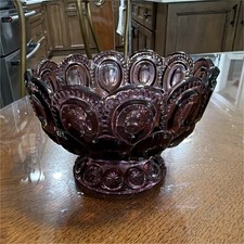 Vintage Pressed Glass Footed Compote with Painted Fruit and Leaf Design, Scalloped Rim — listing 5