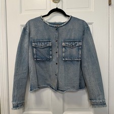 POL Beige and Leopard Print Distressed Denim Jacket, Size Small — listing 5