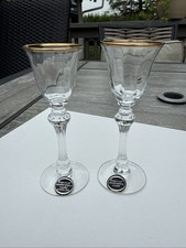 Pair of Gold-Rimmed Crystal Cordial / Liqueur Glasses with Tall Faceted Stems — listing 6