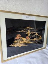 Vintage Rice Straw Marquetry Tropical Island Scene in Gilt Faux-Bamboo Frame — listing 3