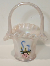 Trio of Hand-Painted Iridescent Art Glass Eggs on Pedestal Bases, Fenton-Style Floral Decoration — listing 4