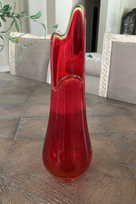 Mid-Century Ruby Red Swung Glass Stretch Vase, Ribbed Panels