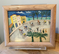 Framed Mediterranean Coastal Scene Print — Figure with Bicycle, Beach Cabins and Boats