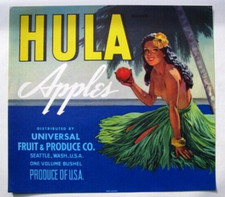 Vintage 'Hula' Brand Apple Crate Label, Universal Fruit & Produce Co., Seattle - Framed — listing 3