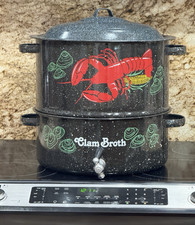 Vintage Savory Enamel Double Lobster Clam Steamer Pot with Broth Spout — listing 5