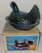 Indiana Glass Hen on Nest Covered Dishes, Pair (Carnival Blue & Iridescent Green) — listing 3