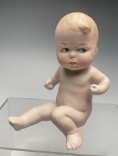 Antique Bisque Porcelain Piano Baby Figurine, Crawling Child in Nightgown with Blue Rattle — listing 5
