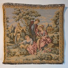Vintage French Aubusson-Style Machine-Woven Tapestry Wall Hanging, Pastoral Courting Scene with Sheep, 19in x 55in Panel