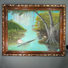 Framed Southern Landscape Painting — Horseman with Dogs Under Live Oaks with Spanish Moss — listing 4