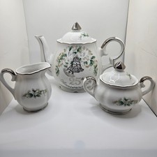25th Anniversary Commemorative Ceramic Teapot with Gray Floral Toile and Silver Trim — listing 3