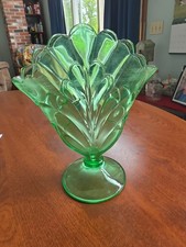 Vintage Forest Green Pressed Glass Footed Fan Vase with Diamond Point Pattern — listing 3