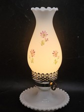Vintage Milk Glass Daisy & Button Table Lamp with Turned Wood Accents — listing 6