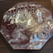 Chinese Black Lacquer 4-Panel Wall Hanging Set with Mother-of-Pearl & Soapstone Geisha Figures — listing 2