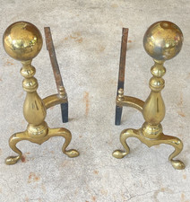 Antique Brass Andirons Pair, Federal Style with Lemon-Top Ball & Steeple Finials, Cabriole Legs and Slipper Feet — listing 5