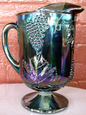 Indiana Glass Blue Iridescent Carnival Glass Pitcher Harvest Grape Pattern — listing 6