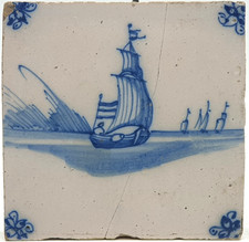 Delft Blue Hand-Painted Ceramic Tile 'Kanonschot' Naval Battle Scene after Van de Velde, Framed