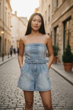 Vintage Denim Strapless Romper with Fold-Over Bodice and Cargo Pockets — listing 4