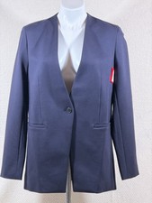 Navy Blue Collarless Tailored Blazer Jacket with Textured Weave — listing 3