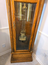 Vintage Oak Grandfather Clock with Brass Dial, Weight-Driven Triple-Chime Movement