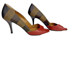 Fendi Black Suede & Gold Leather Peep-Toe Slingback Platform Heels, Size 7 — listing 2
