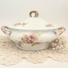 Antique Victorian Porcelain Covered Vegetable Dish / Tureen with Floral Transferware and Gilt Trim — listing 5