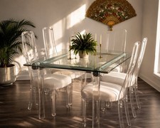Postmodern Glass-Top Dining Table with 8 Black Lacquer High-Back Chairs — listing 3