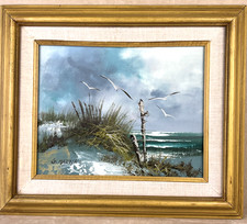 Original Oil Painting on Canvas, Beach Dunes with Sand Fence Coastal Landscape, Signed D. Ewing, Framed — listing 6