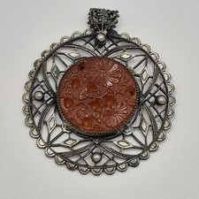 Vintage Carnelian Cabochon Rectangular Filigree Pendant in Yellow Gold Tone — listing 6