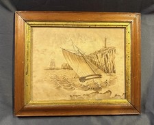 marine watercolor painting Antique Watercolor Seascape with Sailboats in Carved Wood Frame — listing 2
