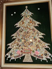 Vintage Costume Jewelry Christmas Tree Framed Art on Purple Velvet — listing 2