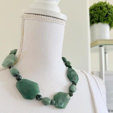 Handmade Beaded Statement Necklace with Large Green Aventurine Pendant, Bone Tubes and Silver-Tone Accents — listing 3