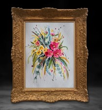 Original Watercolor Painting of Stargazer Lilies, Signed, Gold Frame — listing 6