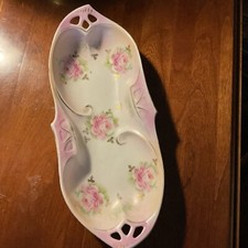 Antique J.S. Germany Porcelain Celery Tray with Pink Roses & Purple Lustre Border — listing 2