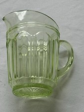 Vintage Green Uranium Glass Pressed Pitcher with Floral and Diamond Pattern, 8 inches — listing 4