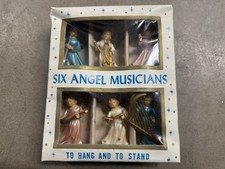 Pair of Vintage Musician Angel Figurines Playing Accordion and Flute, Carved-Wood Style Ceramic/Chalkware