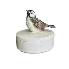 Collection of 5 Figural Porcelain Trinket / Pill Boxes (Rooster & Chicks, Cat in Basket, Floral Flower Basket, Yellow Dome, Rabbit) — listing 5