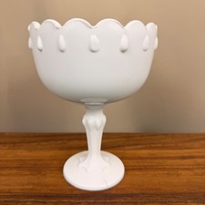 Vintage Milk Glass Pedestal Compote with Pressed Star and Fan Pattern — listing 6