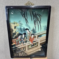 Chinese Reverse Glass Painting of a Beauty at a Window with Magpies and Prunus, Lacquered Frame — listing 2