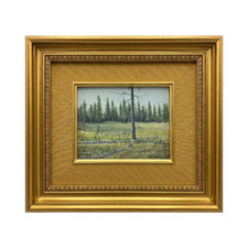 Vintage Original Oil Painting, Mountain Lake Landscape with Pine Trees, Ornate Gilt Frame — listing 4