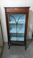 Edwardian mahogany cabinet Edwardian Mahogany Inlaid Display Cabinet with Arched Bonnet Top & Oval Mirror Door