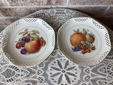 Set of 6 German Porcelain Reticulated Fruit Plates with Gold Trim, Hand-Colored Orchard Fruit Transfers — listing 6
