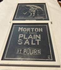Framed Handmade Morton Salt 'It Pours' Advertising Cross-Stitch Sampler, Two-Panel — listing 3